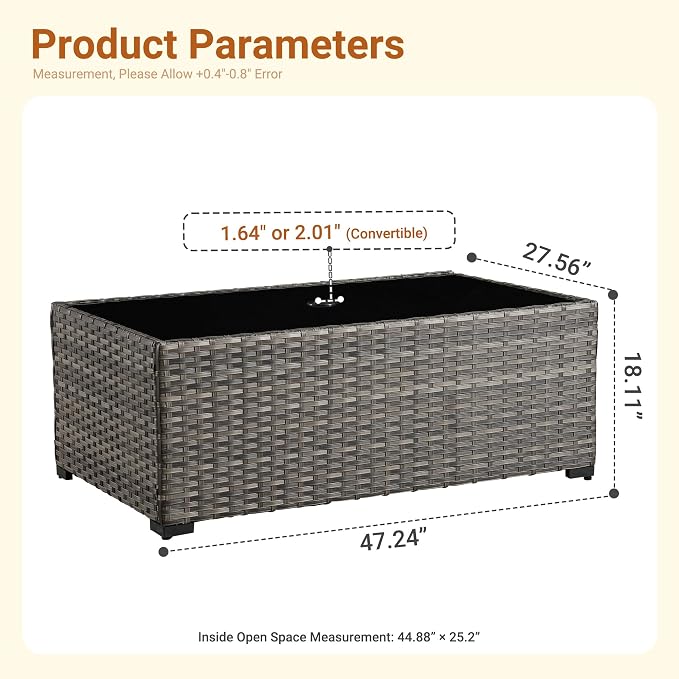 HOOOWOOO Outdoor Patio Side Table with Umbrella Hole,Wicker Coffee End Table Glass Top,Umbrella Table with 1.64" and 2" Hole for Yard,Deck,Porch,Garden(Rectangle Brown)
