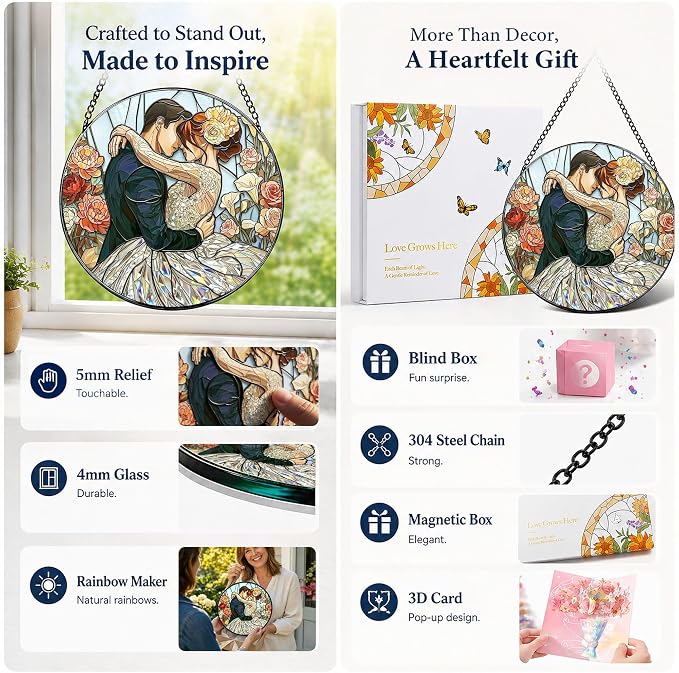 Deluxe Bundle | Stained Glass Window Hanging, Love Heart 3D Embossed Diamond Glass Suncatcher, 7-Piece Romantic Gift Set with Crystal Pendant & Invisible Hooks