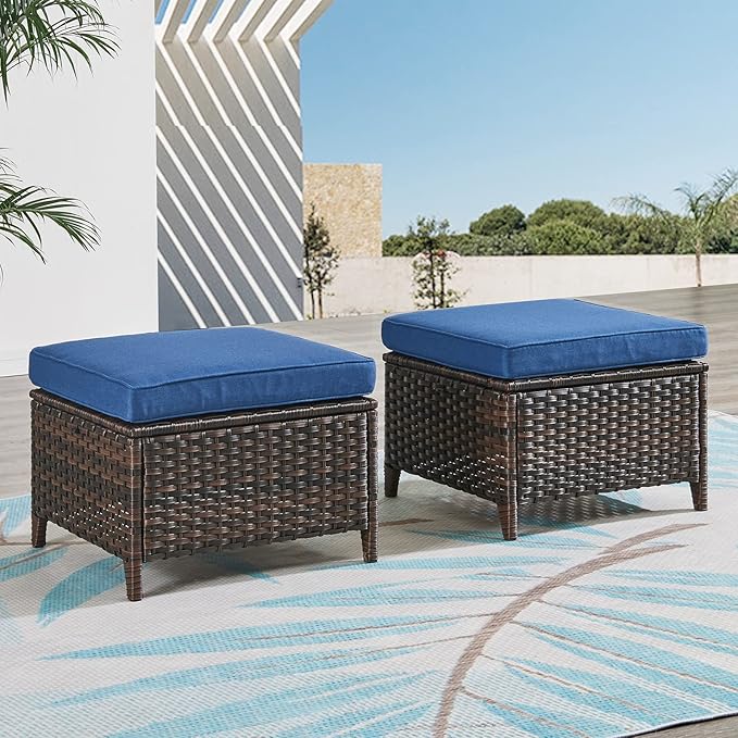 Rilyson Outdoor Ottoman Wicker Patio Ottomans - 2 Piece Footrest Footstools Set Rattan Outdoor Ottomans for Patio with Thick Cushions(Brown/Blue)