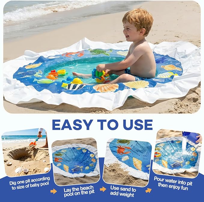 7.2x7.2 Ft Baby Beach Pool, Beach Pool for Toddler, 2 in 1 Kiddie Puddle Pool, Kids Beach Play Blanket with Water Bucket, Large Beach Puddle for Seaside & Outdoor Camping Vacation