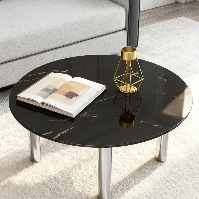 24" Round Tempered Glass Table Top, Marble Glass Surface Protector Heat & Scratch Resistant Multipurpose for Dining, Coffee, Restaurant, Office and End Table (Black Marble Pattern, 24 Inch)