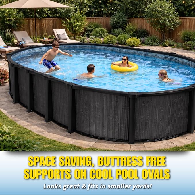 12x24 FT 54-Inch Oval Above Ground Swimming Pool Kit | Saltwater Friendly Aluminum Wall Pool Set with Heavy Duty Premium Resin Top Rails & Uprights | Includes 20 Mil Overlap Liner, Skimmer & Return