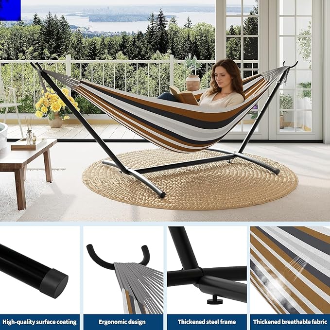 Double Hammock with Space-Saving Steel Stand - 2 Person Portable Heavy Duty Hammock with Carrying Bag for Outdoors & Indoors, Easy Assembly, 350 lbs Capacity, Brown Stripes