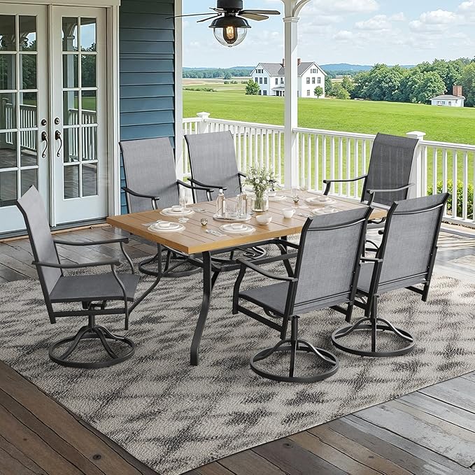 Soohow 7-Piece Outdoor Dining Set, Patio Dining Table and Chairs Set for 6, 6 x Swivel Patio Chairs and 60"x35" Dining Table with 1.57" Umbrella Hole, Wood-Like, Ideal for Poolside, Backyard, Deck
