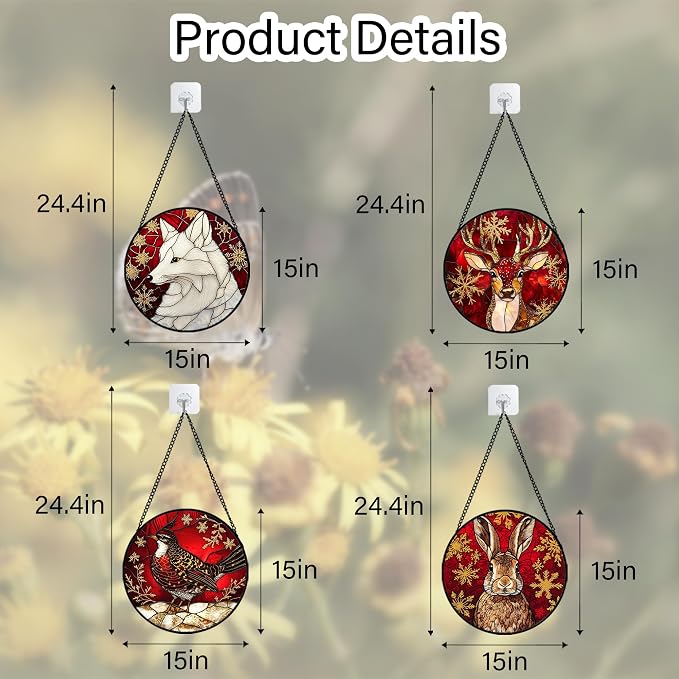 DASTOLL Stained Glass Window Hanging 4 Pcs Set Red Golden Snowflakes Large 15" - Christmas Elk Rabbit Suncatcher Door Garden Sun Catcher Decor Birthday for Mom Woman Nana Men