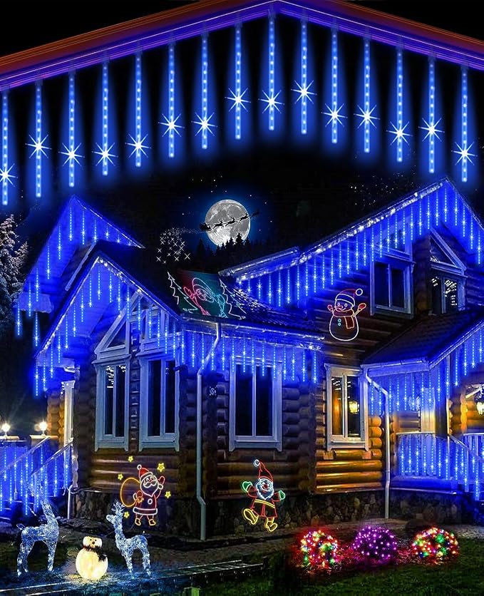 Meteor Shower Lights Outdoor Easter Lights UL Certified Falling Rain Drop Snowfall Icicle Cascading String Light for Xmas Holiday Tree Wedding Party Garden Decor Blue, 12 Inch 10 Tubes