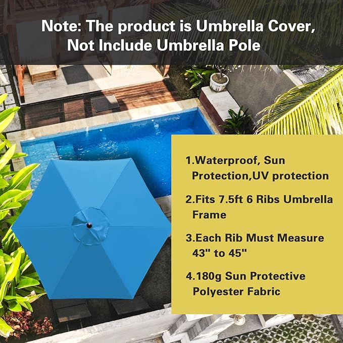 Sunnyglade 7.5ft Patio Umbrella Replacement Canopy Market Umbrella Top Outdoor Umbrella Canopy with 6 Ribs