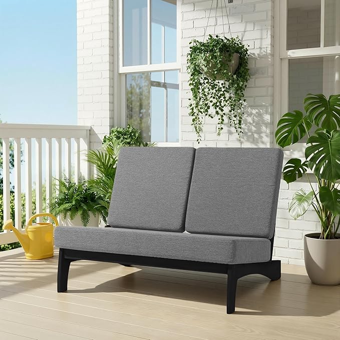 UIXE 2 Pieces All Weather Wood Patio Furniture Sets, Patio Loveseat Outdoor Sofa with Solid Wooden Coffee Table, Black Teak - Gray