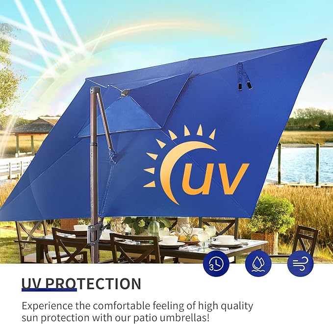 JZAC & QZYD 10X13 FT Outdoor Cantilever Patio Umbrella with LED Lights, Large Heavy Duty 2-Tier Aluminum Offset Umbrellas with 360-Degree Rotation for Pool Deck, Navy