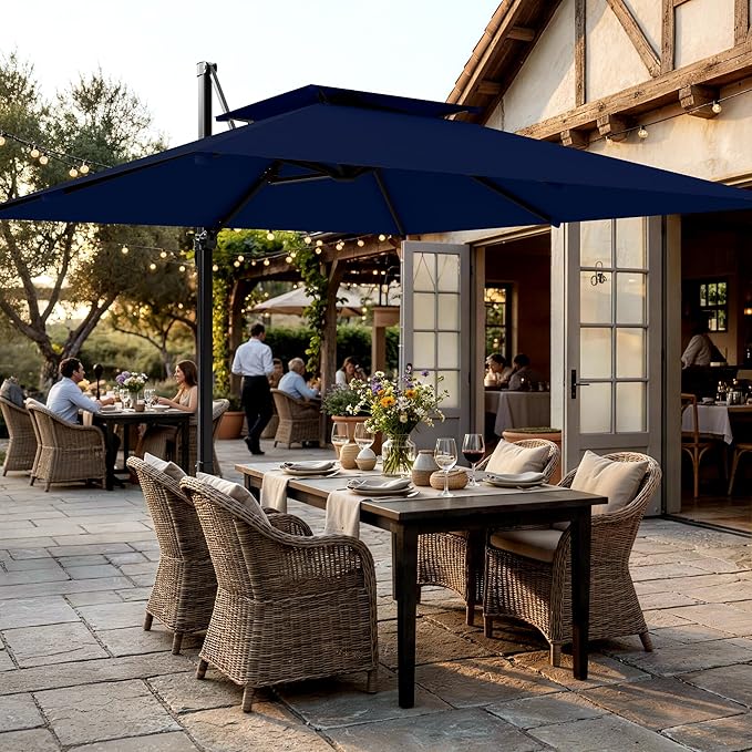 AreShark 9×9FT Double-Top Cantilever Patio Umbrella with Base Included, Square Offset Umbrella with 360 Degree Rotation, Heavy Duty Patio Umbrella for Garden Deck Pool, 5 Tilt Angles, Navy