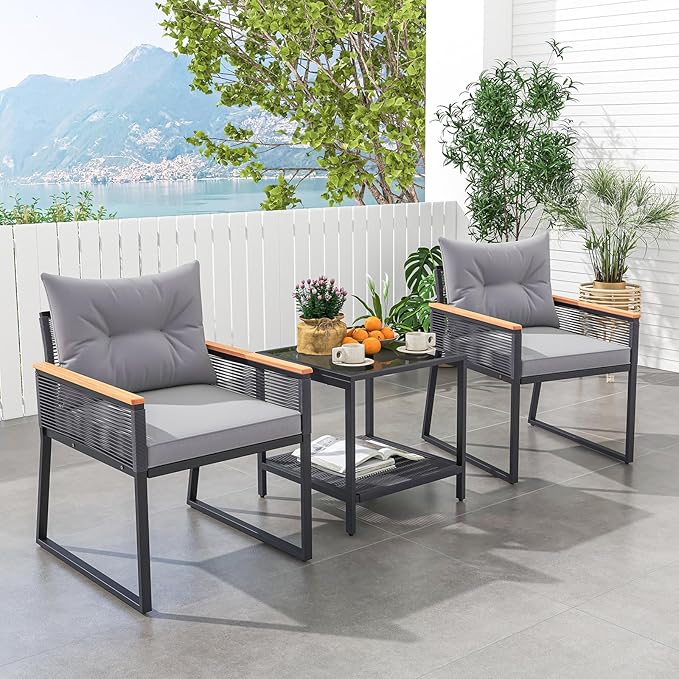 Tangkula 3 Piece Outdoor Conversation Set, Patio Rattan Cushioned Armchairs and Table, with Heavy Duty Metal Frame and Acacia Wood Armrests, for Front Porch, Poolside
