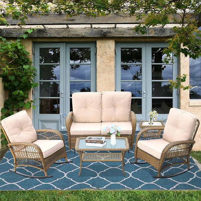 5-Piece Wicker Patio Furniture Sets Outdoor All-Weather Rattan Conversation Set Includes Glider Loveseat, 2 Glass-Top Coffee Tables, 2 Rocking Chairs for Porch Backyard, Light Brown