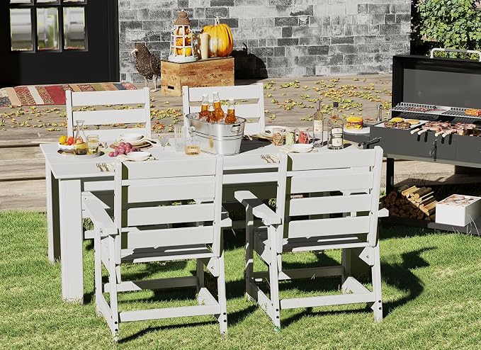 GREENVINES 5-Piece Outdoor Dining Set | HDPE | Patio Table and Chairs Sets for 4 | Patio Furniture | All Weather | Umbrella Hole | White | for Backyard Poolside Garden