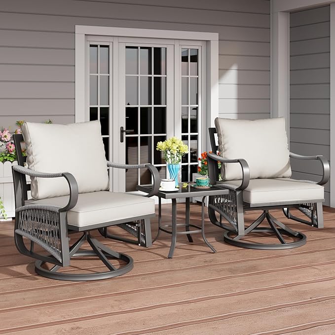 3 Piece Patio Furniture Set, Rope Woven Outdoor Conversation Set with High Back Metal Swivel Chairs and Coffee Table, Thick Cushions for Garden, Porch, Beige