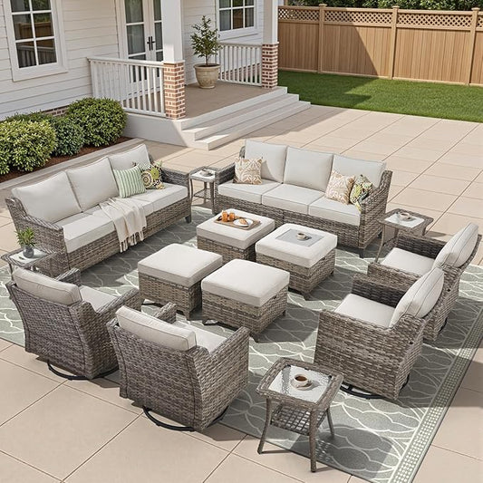 14 Piece Patio Furniture Set-High Back Outdoor Furniture Set Sectional Sofa with Wicker Swivel Patio Chairs,Comfy Cushions Ottomans for Porch Balcony Patio Deck Grey/Beige