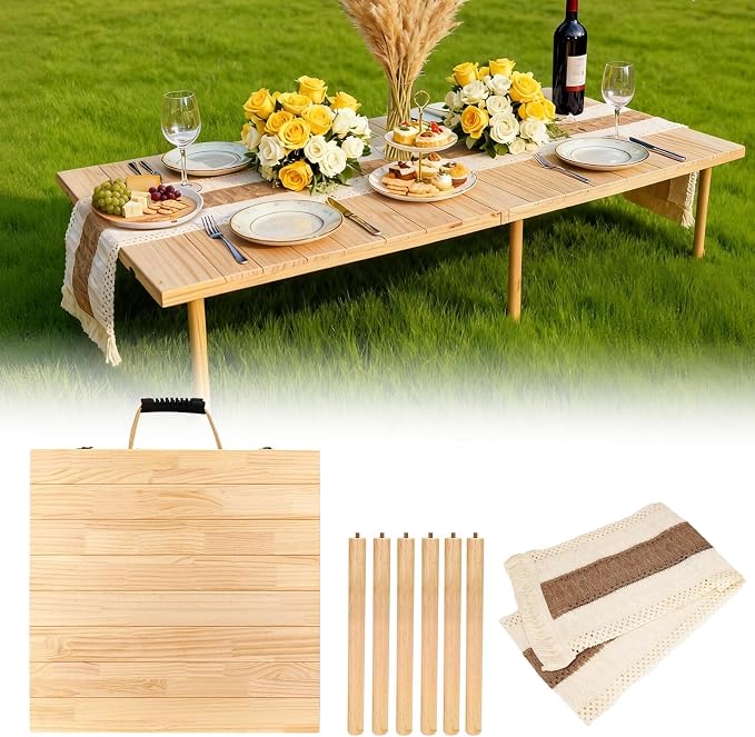 60"x30" Low Folding Picnic Table, Portable Boho Floor Table with Tablecloth, Ideal for Camping, Wedding, Beach, Garden, Party