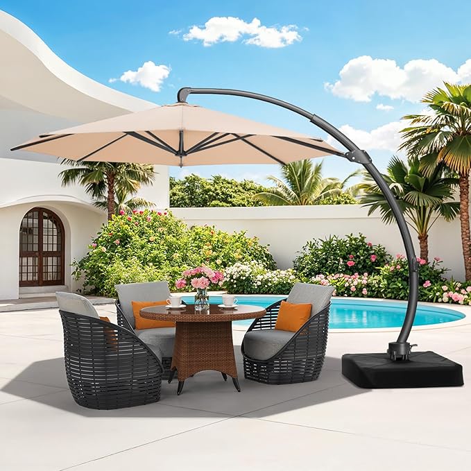 11 FT Outdoor Patio Umbrella with Base, Aluminium Curved Cantilever Umbrella, Large Round Hanging Offset Umbrella with Unlimited Position Adjustment and 360°Rotation for Market Garden Pool, Champagne