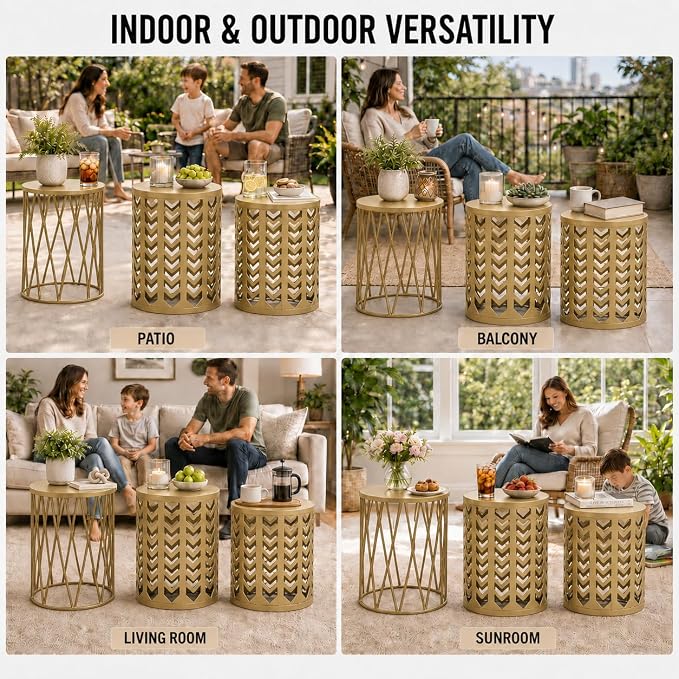 Y&M Set of 3 Gold End Tables, Nesting Metal Round Coffee Table, Heavy Duty Metal Plant Stand Garden Stool, Outdoor Multifunctional Use