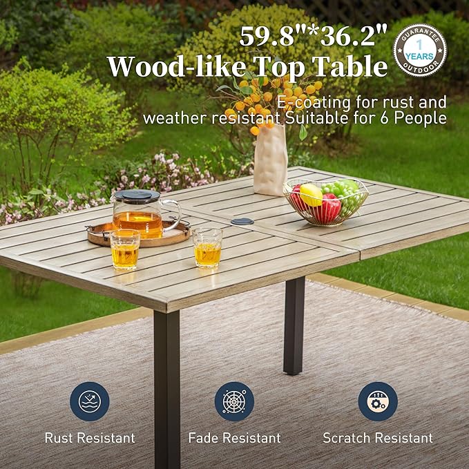 SUNSHINE VALLEY 7 Piece Patio Dining Sets for 6, Outdoor Table and Chairs with Cushioned Wicker Swivel Patio Chairs & Wood-Like Dining Table (1.61-2”Umbrella Hole), Outdoor Dining Sets for Backyard