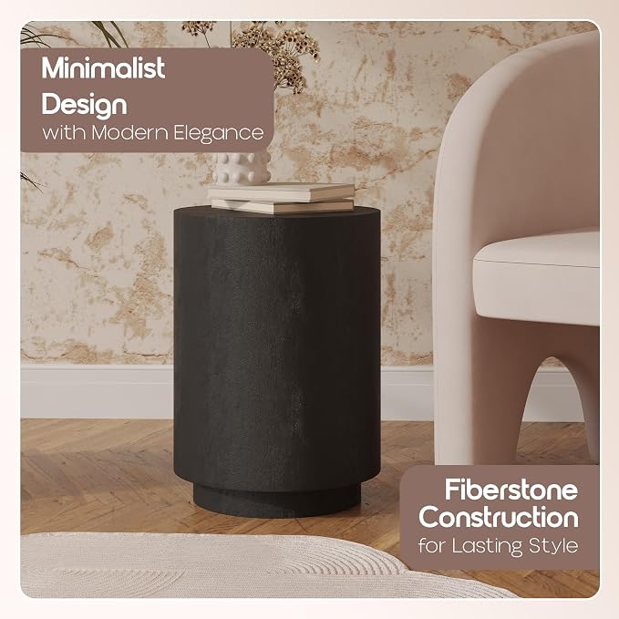 LeisureMod 14” Wide Round Side Table in Fiberstone with Travertine/Painted Finish Tapered Base Indoor and Outdoor Use for Modern Home, Living Room, Patio, Backyard Ramble Collection in Black