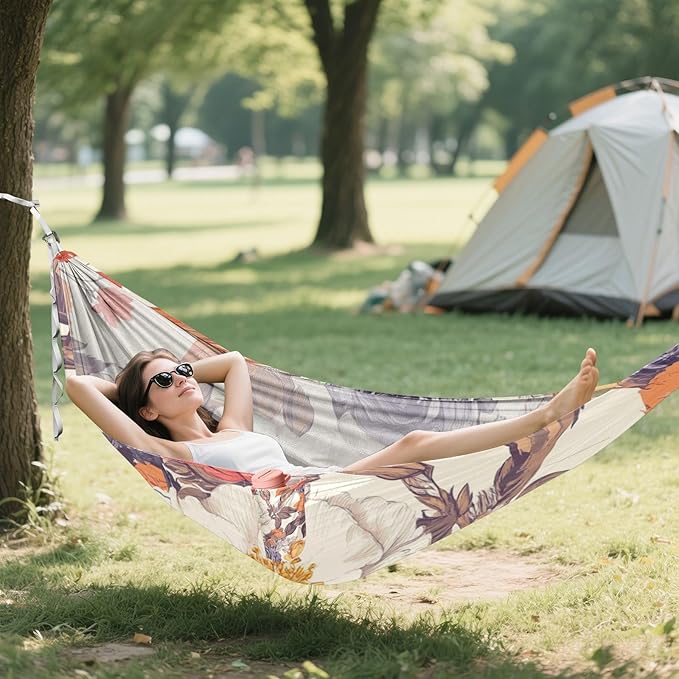 Retro Colorful Flowers Camping Hammocks Rope Hammock for Patio Backyard Lounge Base