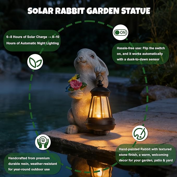 Solar Garden Statues, Resin Bunny Statue w/ Flower, Waterproof Figurine Rabbit Garden Statue for Outside Yard Outdoor Home Patio Lawn Decor, Solar Animal Lights for Adults Women Birthday Easter Gifts
