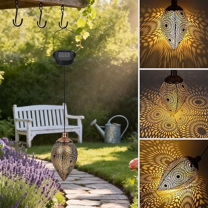 Hanging Solar Lights Outdoor Waterproof with Shepherd Hook Garden Decor Chandelier Birthday Gifts for Women Mom Family Hanging Solar Lanterns for Yard Patio Pathway Holiday Gift Ideas