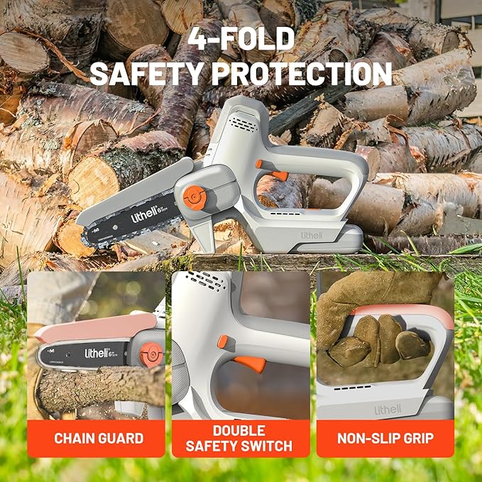 Litheli 6-Inch Mini Chainsaw Cordless, 20V 2.0Ah Battery Powered Handheld Electric Chainsaw with 24.6ft/s Chain Speed, 300W Small Portable Pruning Saw for Tree Trimming, Branch Cutting & Gardening