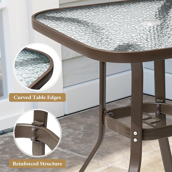 Crestlive Products Outdoor Bar Table with Umbrella Hole, Patio Dining Bistro Table with Aluminum Frame Tempered Glass Top, Outside Banquet Furniture for Garden, Pool, Deck, Lawn (Brown)