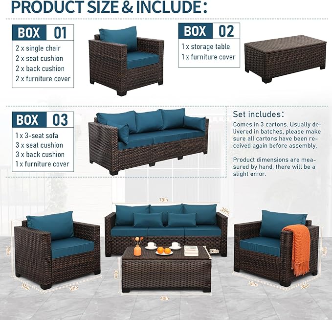 Outdoor Patio Furniture Set 4 Pieces Wicker Outdoor Furniture Chairs and Sofa Patio Storage Table Non-Slip Cushions and Waterproof Covers, Peacock Blue