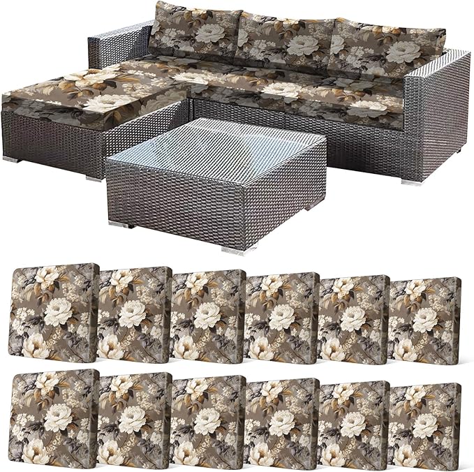 CALBODE 12 Pcs Stretch Outdoor Seat Cushion Covers, Washable Chair Seat Cover for Patio Furniture Cushions Soft Indoor and Outdoor Couch Cover Replacement (Brown Blooms, Cover Only)
