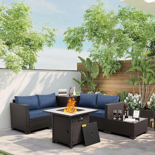 WAROOM Patio Furniture Set 5 Pieces Outdoor Conversation Sets PE Rattan Couch Loveseat Resin Wicker Sectional Sofa with Storage Box Coffee Table and Propane Fire Pit, Blue Cushion