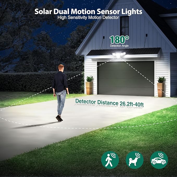Solar Lights Outdoor, 6000LM 310 LEDs Dual Motion Sensor Solar Flood Lights 6 Heads Security Wall Lights, IP65 Waterproof, Remote Control for Garden, Outside, Backyard, 2 Pack