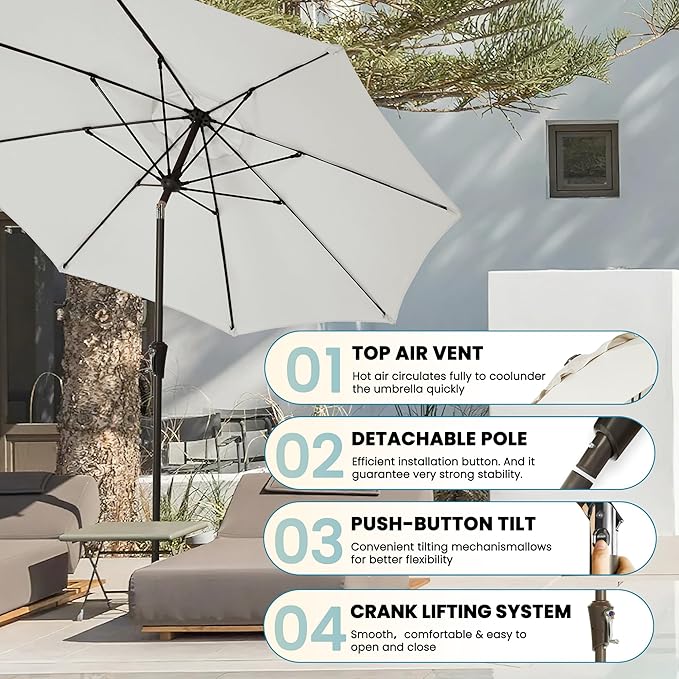 9FT Large Outdoor Patio Umbrella Pool Market Umbrella-UV Resistant, Easy Push Button Tilt and Crank, 8 Sturdy Ribs Heavy-Duty Table Umbrella for Deck, Backyard, Garden (White)