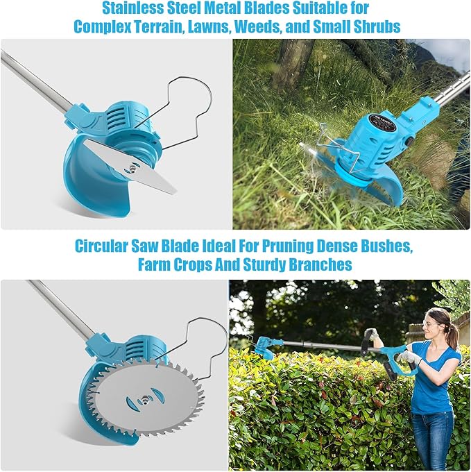 Weed Wacker, Cordless String Trimmer 21V with 2 Batteries 2.0Ah, 2 Types Metal Blades Powered Grass Trimmer, Pruning Shears, Adjustable Pole Weed Trimmer for Garden and Yard Lawn, Blue