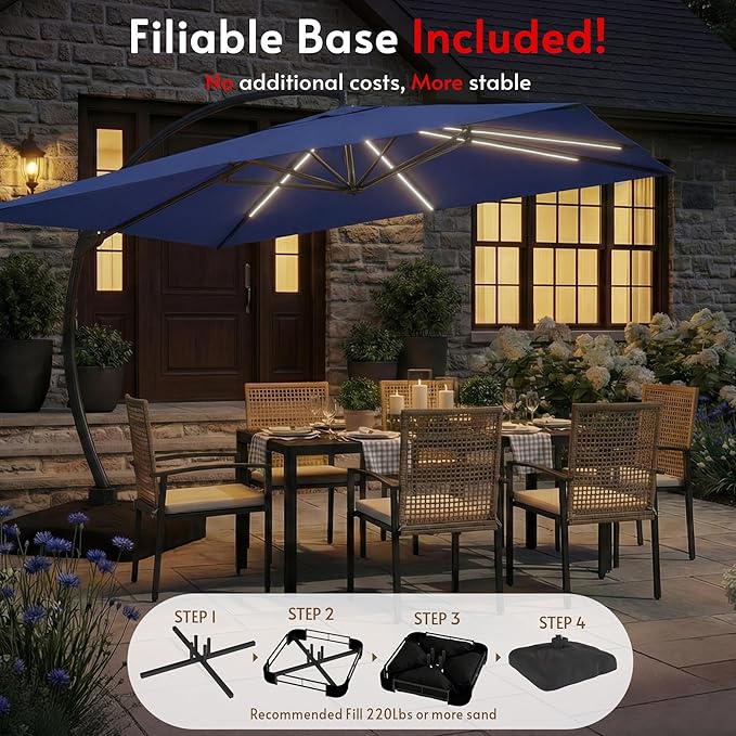 11x11FT Solar Powered LED Light Cantilever Patio Umbrella with Base Included, Large Cantilever Umbrella with 360°Rotation, Heavy-Duty Offset Outdoor Umbrella for Patio,Pool,Backyard (Navy blue)