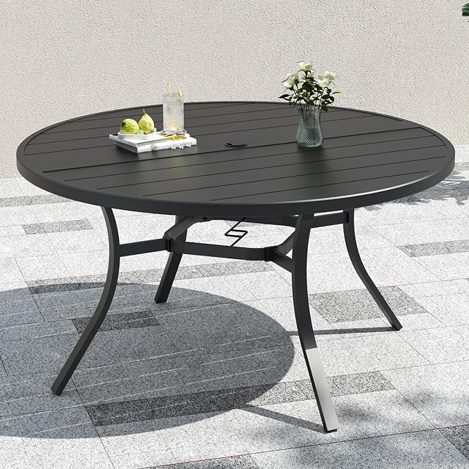 6 Person Metal Black Slat Top 54 in Large Outdoor Patio Round Dining Table | Slat Top, Frame, All Weather, 1.57-1.9 inch Adjustable Umbrella Hole, 6 or 8 Person Use, 4.5 ft Table