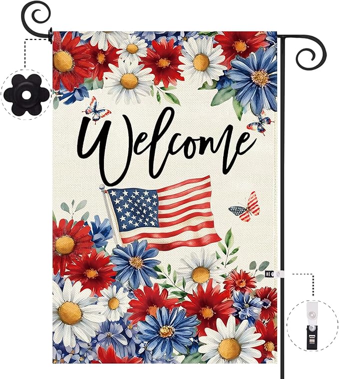 Baccessor Patriotic Daisy Garden Flag 12.5 x 18 Inch Double Sided Burlap,4th of July Memorial Day Red and Blue Flower Welcome Flag Summer Yard Lawn Holiday Seasonal Outdoor Outside Decoration