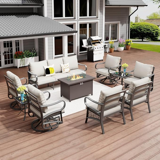10 Piece Patio Furniture Set with 50000 BTU Propane Fire Pit Table, All Weather Outdoor Conversation Set with 4 Swivel Chairs, Sofa and Thick Cushions for Garden, Porch, Lawn, Beige