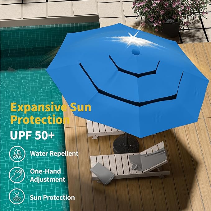 Kingdura 9ft 3-Tier Patio Umbrella with Solar Lights, Table Umbrella Outdoor Patio with Easy Crank & Tilt, 8 Sturdy Ribs, UV Protection, 32 LED Lights for Deck, Poolside, Market (Royal blue)