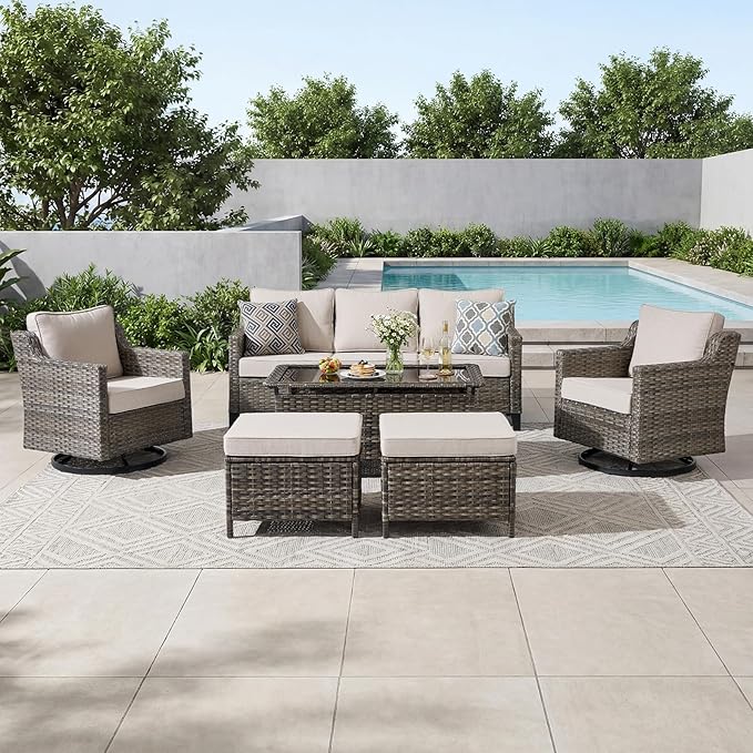 Luxury Patio Furniture sofa Set - 6 Pieces All Weather Wicker Outdoor Couch and High Back Swivel Rocker Patio Chairs with Glass coffee table for Deck Yard and Poolside Gray Wicker | Beige Cushions