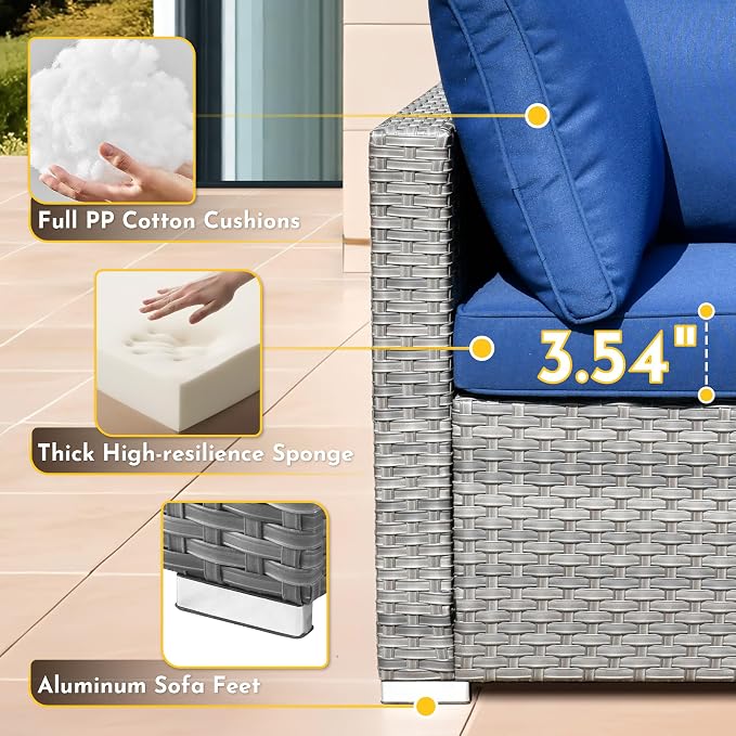 Wreaxty 7 Pieces Outdoor Patio Furniture Set,Wicker Sectional Sofa Couch with Thicken Cushion and Glass Coffee Table,All Weather Rattan Patio Conversation Sets for Porch,Poolside,Backyard,Navy Blue