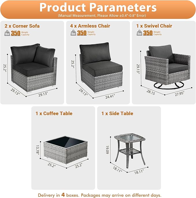 9 PCS Outdoor Patio Furniture Sets with Wicker Rocking Chair,Wicker Weather Resistant Patio Conversation Set with Comfy Cushions,Modular L Shaped Sofa with Coffee Table for Yard,Black