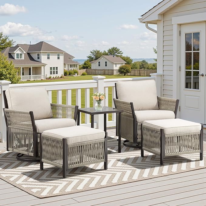 Patio Furniture Set Outdoor/Indoor, Wicker Patio Sofa, 5pcs Furniture Set with Swivel Rocker Chairs, Side Table, and Ottomans for Backyard, Garden, Poolside(Beige)