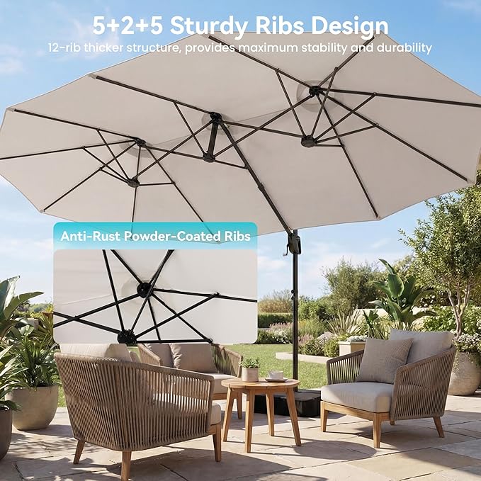 COSIEST 8 * 13FT Cantilever Patio Umbrella with Base,Large Rectangle Offset Umbrella，Heavy Duty Double-Sided Table Market Umbrella for Garden, Pool, Deck Shade, Beige