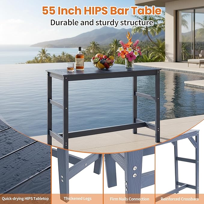 5Pcs HIPS Outdoor Bar Set, Weatherproof Patio Bar Table and Chairs Set for Outside, 55" Rectangular High Top Bar Table with 4 Bar Stools for Patio, Poolside, Balcony, Hot Tub, Blue