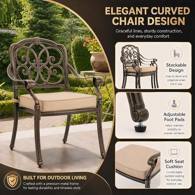 7 Piece Outdoor Dining Set Cast Aluminum, Retro Patio Dining Set for 6 Includes 59” Rectangular Table with Thicker Cushions and Umbrella Hole for Patio Deck Garden Porch