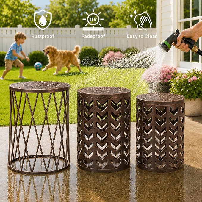 Y&M Set of 3 Black with Bronze End Tables, Nesting Metal Round Coffee Table, Heavy Duty Metal Plant Stand Garden Stool, Outdoor Multifunctional Use