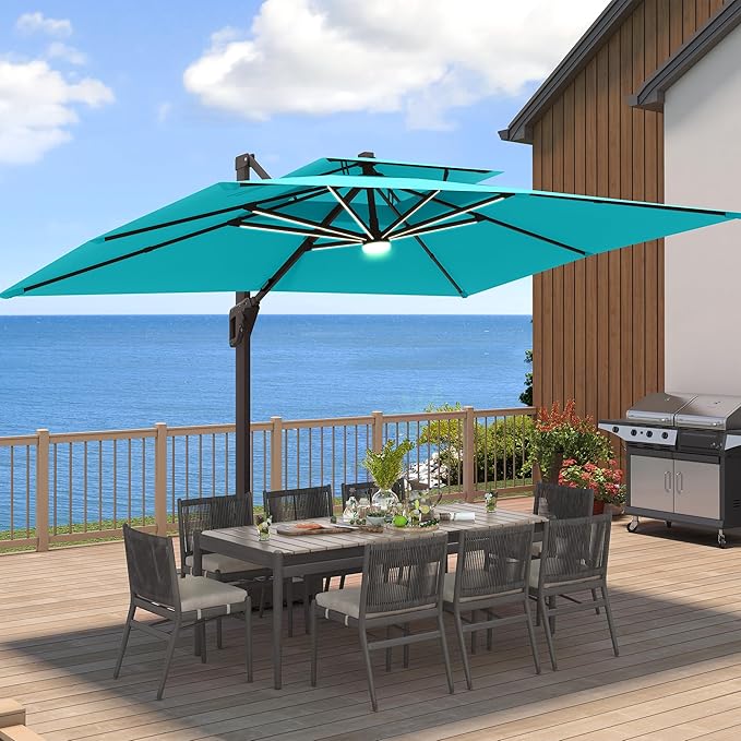 9 X 12 FT Cantilever Patio Umbrella with Led Lights and Base Included Heavy Duty Outdoor Double Top Large Rectangle Offset Umbrellas with 360-degree Rotation for Garden Pool Deck Backyard, Turquoise