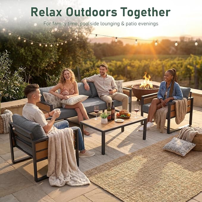 Furnimart Patio Furniture Set, 4-Piece Metal Outdoor Sectional, 5-Seat Patio Conversation Set with Deep Seating, Thick Cushions & Coffee Table for Backyard, Porch & Deck, Gray